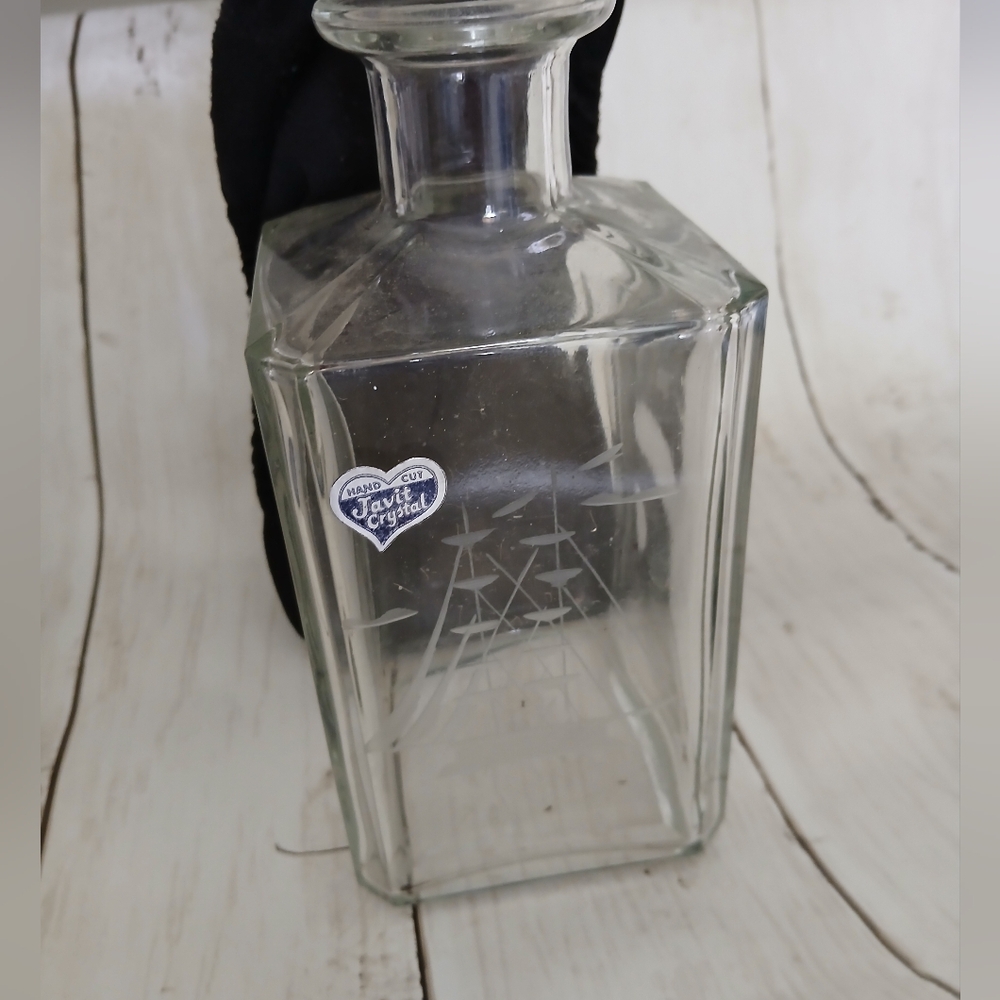 Decanter Etched CLIPPER SHIP JAVIT CRYSTAL Glass Nautical Boat Vintage 8" T